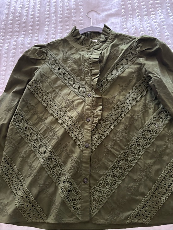 Sezane Tops - Sezane Olive Green Embroidered Lace-Trim Blouse